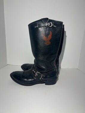 Vintage 1990’sHarley-Davidson Black Leather Harness Boots with Brown Eagle Patch